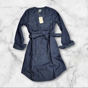 A NEW DAY Denim Long Sleeve Shirt Dress Tie Waist Dark Blue Size XS
